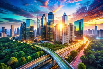 Aufkleber - Futuristic Double Exposure Cityscape: Skyscrapers Reaching the Stars and Busy Roads Merging with a Digital Skyline, Capturing the Essence of Tomorrow’s Urban Life