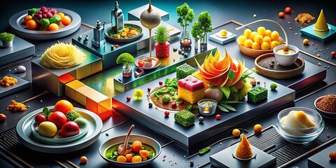 Poster - Futuristic Food Fusion: Exploring Abstract Technology Innovation Through Culinary Artistry and Modern Gastronomy in a Colorful, Creative Presentation of Edible Delights