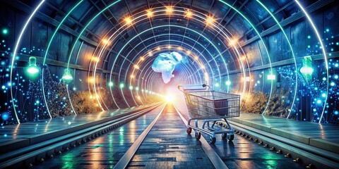 Poster - Futuristic Illuminated Tunnel with Glowing Lights and Misty Atmosphere, Symbolizing Global Recycling and Cyber Monday Sales with Shopping Cart and Dollar Sign Elements