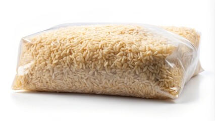 Mockup of Dry Rice in a Plastic Package Isolated on a White Background for Culinary Use, Food Packaging, or Product Display in Stock Photography