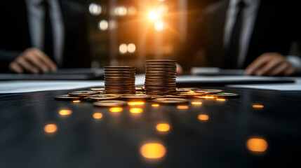 Poster - A stack of coins illuminated by warm light, set on a dark surface, with blurred figures in suits in the background, suggesting a financial or business context