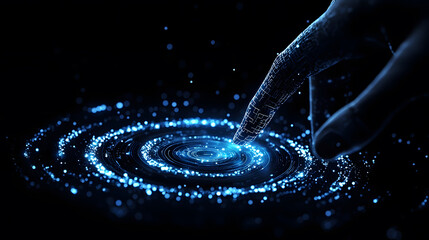 Aufkleber - A hand gently touches a glowing blue spiral of light, creating a mesmerizing visual effect, symbolizing connection and wonder