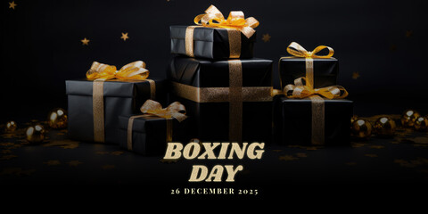 Wall Mural - 26 december, boxing day banner with realistic gift boxes on dark background.