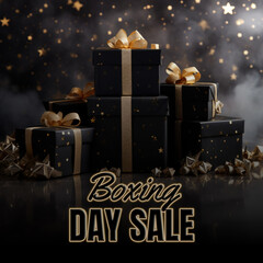 Wall Mural - boxing day sale post with realistic gift boxes, golden ribbons on dark background.