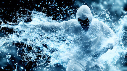 Poster - A hooded figure dynamically interacts with splashing water, creating a dramatic and energetic visual effect