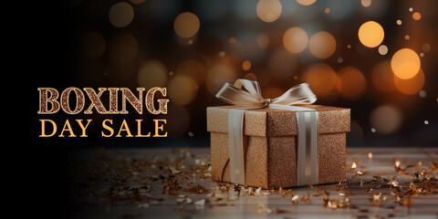 Wall Mural - boxing day sale banner with realistic gift box surrounded by golden confetti in bokeh background.