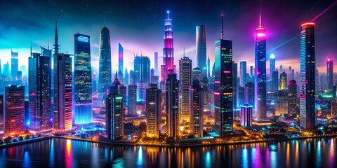 Poster - Futuristic Neon Pixel Cityscape at Night: A Panoramic View of Skyscrapers Illuminated by Vibrant Neon Lights in a Dark Urban Environment
