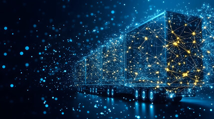 Poster - A digital illustration of a futuristic truck, surrounded by glowing particles and network connections, symbolizing advanced technology in transportation