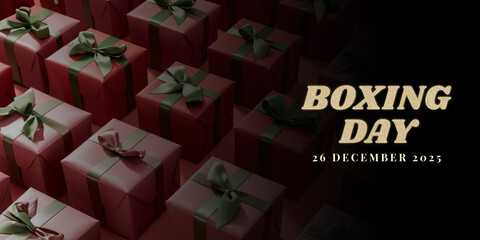 Wall Mural - 26 december, boxing day banner with top view of realistic gift boxes background.