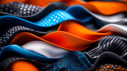 Poster - A vibrant array of textured fabrics in blue, orange, and black, showcasing intricate patterns and smooth waves of material