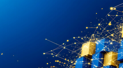 Aufkleber - Abstract digital illustration featuring golden blocks and blue background with glowing lines, symbolizing technology and connectivity