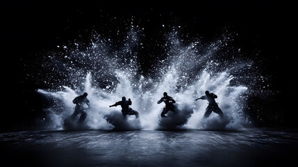 Aufkleber - A dynamic scene featuring four figures dancing in water, creating dramatic splashes against a dark background