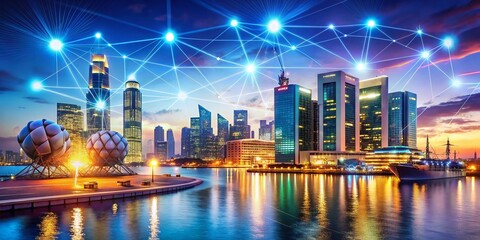 Aufkleber - Futuristic Port with Digital Dollar Symbols and Data Flowing Through Advanced Architecture Representing the Future of Finance and Global Trade in a High-Tech Environment