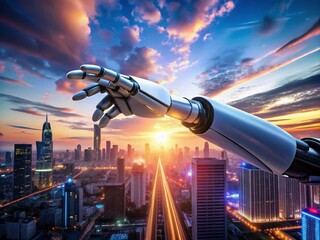 Poster - Futuristic Robotic Hand Reaching Forward Against a High-Tech Cityscape, Symbolizing Innovation and the Future of Technology in a Sci-Fi Environment