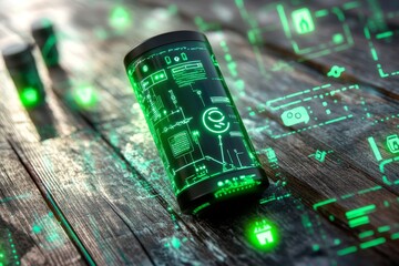 Aufkleber - Futuristic Smart Device with Holographic Display and Digital Interface Teeming with Neon Green Graphics on a Weathered Wooden Surface