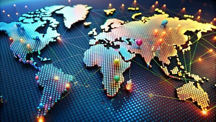 Poster - Futuristic World Map with Pins Illustrating Global Business Distribution, Navigation, and Communication in a Hi-Tech 3D Animation Style for Worldwide Travel Concept in 4K Resolution