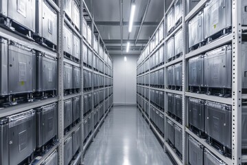 Aufkleber - Modern Data Center Aisle with Neatly Organized Server Racks in a High-Tech Environment, Showcasing Advanced Computing Technology and Infrastructure for Cloud Solutions