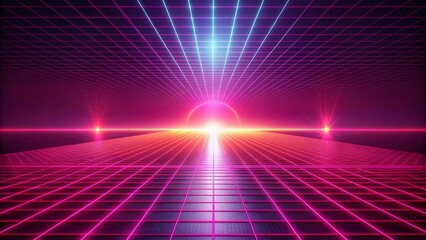 Poster - Glowing Pink Neon Wireframe Horizon with Magenta Grid Room Floor in Perspective - Retro Futuristic Abstract Checkered Plane Landscape for Stunning Visuals