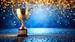 © Four888 - Golden Trophy Against a Sparkling Blue Glitter Background, Celebrating Success and Achievement in Fashion Photography, Perfect for Awards and Recognition Themes