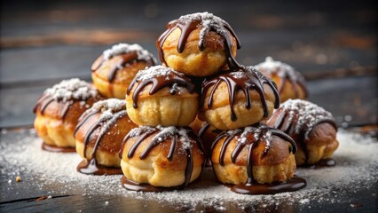 Wall Mural - Delicious profiteroles with chocolate ganache drizzle and powdered sugar, profiteroles, dessert, chocolate, ganache, pastry