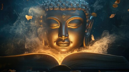 Sticker - Buddhas peaceful face emerging above an open book, with mystical lights and smoke swirling around