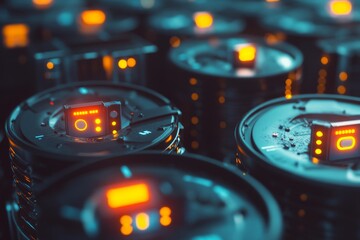 Poster - Unique Abstract Composition of Metallic Drums with Neon Lights and Digital Displays in a Dark Environment, Showcasing Modern Technology and Innovation