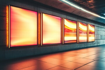 Poster - Vibrant Abstract Light Displays on Wall Panels in Modern Urban Setting with Smooth Gradients and Striking Visual Impact in Contemporary Art Space