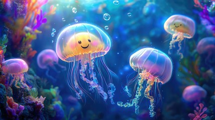 Sticker - Cheerful jellyfish with smiling faces drifting in a vibrant underwater world of rainbow plants and glowing coral