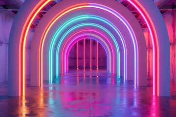 Poster - Glowing neon arches creating a rainbow tunnel in empty industrial room