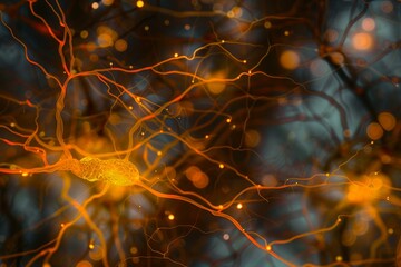 Poster - Neuron transmitting signals through neural network, microscopic view