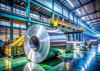 Poster - High-Quality Roll of Galvanized Steel Sheet in Metalworking Production Line with Copy Space for Industrial Use, Manufacturing, and Metal Processing Applications