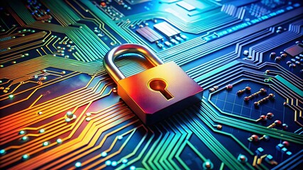 Poster - High-Tech Padlock on a Digital Circuit Board with Copy Space for Cybersecurity Themes and Technology Innovations in a Futuristic Setting