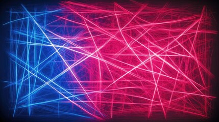 Poster - Vibrant fluorescent lines in striking red and blue intersecting chaotically on a dark contrasting background, creating a dynamic abstract composition.