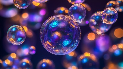 Poster - colorful soap bubbles floating gracefully in a dark background with illuminated lights during a fest