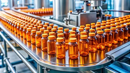 Poster - Industrial Assembly Line with Orange Vials in Metallic Containers Showcasing Automation and Efficiency in Pharmaceutical Manufacturing Processes for Optimal Production Solutions