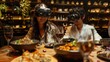 © harryaishi - Two people enjoying a virtual dining experience with VR headsets at a table filled with food.