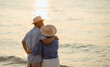 © Garun Studios - retired, retirement, couple, senior, elderly, beach, recreation, insurance, planning, vacation. A couple of older people are hugging on a beach at sunset. Scene is warm and romantic.