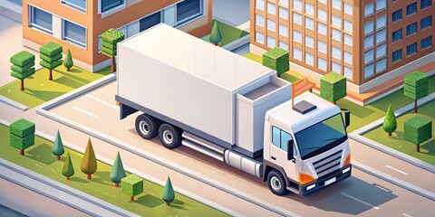 Poster - Isometric Architectural View of a Simple Truck Design with Minimalistic Elements Set Against a Modern Urban Landscape for Creative Transportation Concepts
