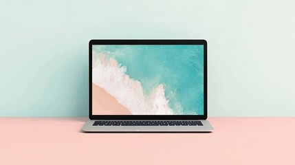 Poster - Laptop Displaying a Beach Scene on a Pink Surface