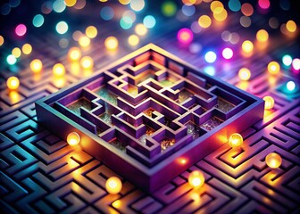 Poster - Isometric Labyrinth Maze Design for Web Use with Bokeh Effect and 3D Elements, Ideal for Modern Digital Interfaces and User Experience Applications