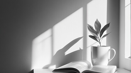 Canvas Print - Sunlit Still Life With Plant Book And Mug