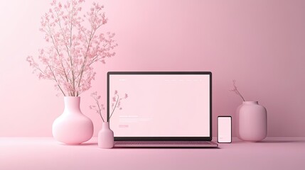 Poster - Pink Laptop Flowers Vases Minimalist Desktop Setup