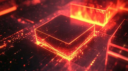 Poster - Futuristic 3D neon abstract background featuring glowing rectangular shapes and vibrant laser light displays with a minimal design and ample copy space.