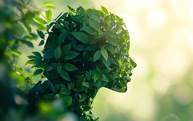 A creative human profile silhouette entirely made from lush green leaves and plants, set against a soft, minimal light background, celebrating natures beauty