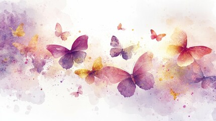 Wall Mural - a dreamy watercolor composition of butterflies in pastel shades of purple pink and yellow with gentl