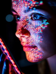 Wall Mural - Person holding a phone to their face for facial recognition at night, illuminated by screen