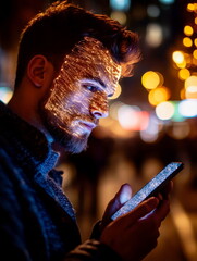Wall Mural - Person holding a phone to their face for facial recognition at night, illuminated by screen