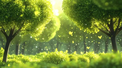 Lush summer forest scene with vibrant green trees, soft bokeh effect, and floating heart-shaped particles illuminated by gentle sunlight.