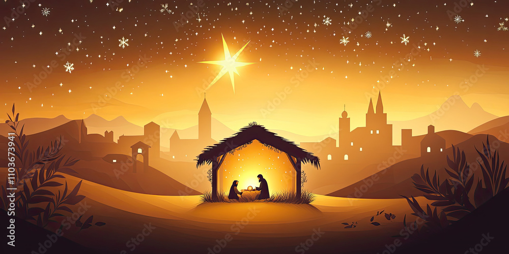 Nativity scene in Bethlehem. Christmas scene illustration showing Holy ...
