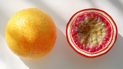 Sticker - Close-up shot of a whole orange and a halved passion fruit. The vibrant colors and textures of the fruits are highlighted against a bright white background.